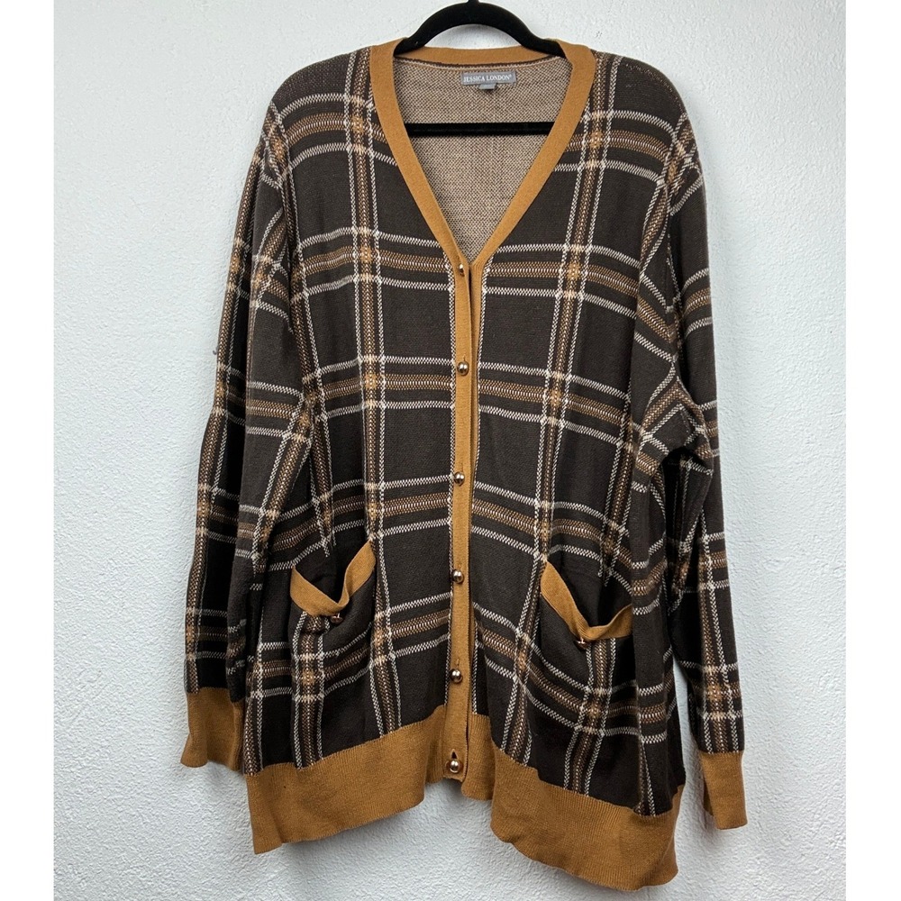 Jessica London Brown Plaid Cardigan - 2X - Button Front Pockets Cozy Academia